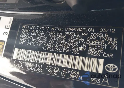 2012 Scion Tc from USA, damaged, VIN JTKJF5C76C3041785